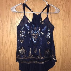 Navy blue racerback tank with Aztec sequin designs